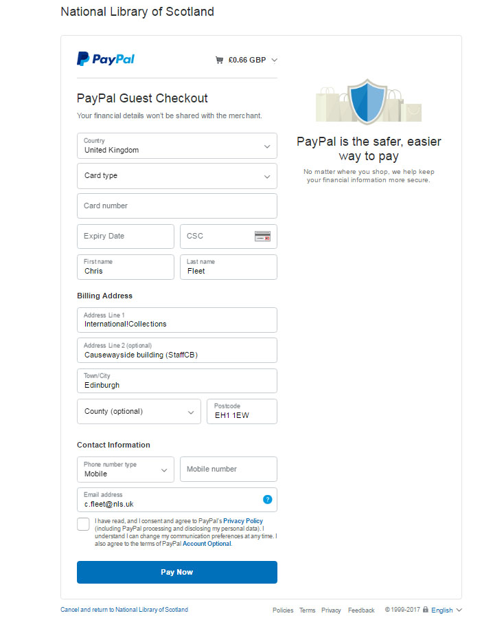 Example of credit/debit card payment page