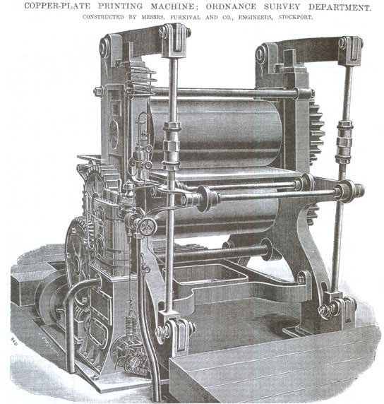 Illustration of an Ordnance Survey copper plate printing machine