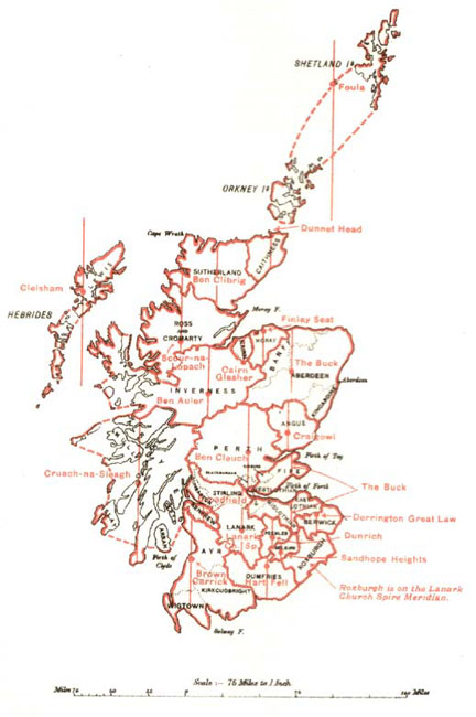 Map showing county meridians in Scotland