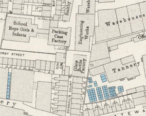 Detail of school, factories and warehouses at Tyers Gate, near London Bridge