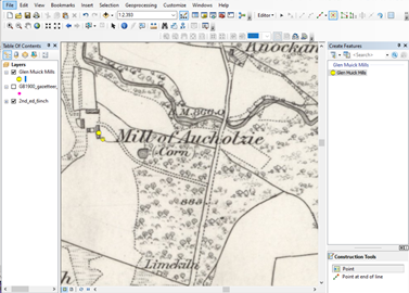 Manually adding Mill of Aucholzie in Glen Muick using ArcGIS