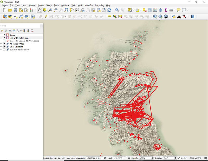 QGIS shapefile reflecting the geographical locations of all the maps and plans in the Stevenson archive