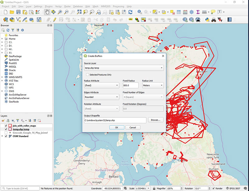Using the buffer tool in MMQGIS to convert points to bounding boxes