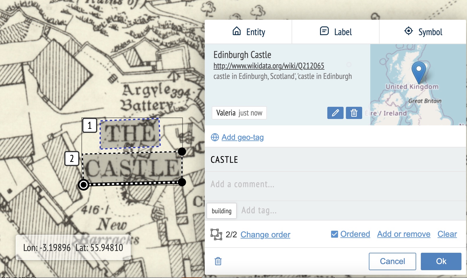 Recogito interface showing transcriptions of OS 25 inch Edinburgh mapping