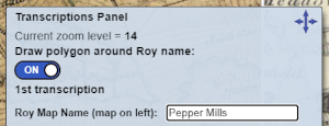 Central transcription box, showing Roy Map place name entry for Pepper Mills