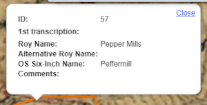 Pop-up box displaying 1st transcription entry for Roy Map name Pepper Mills