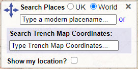 Screengrab of Georeferenced Maps viewer showing Search Trench Map Coordinates search box